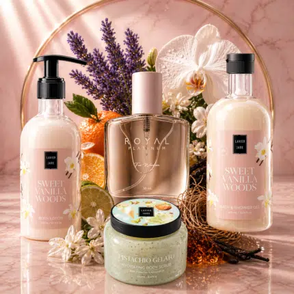 Lavish Care Intense Vanilla Set - Лосион и Душ Гел Ванилия, Скраб Пистачио, Парфюм Либре Итенс, сет 4 продукта
