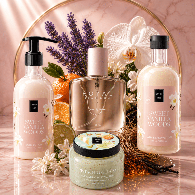 Lavish Care Intense Vanilla Set - Лосион и Душ Гел Ванилия, Скраб Пистачио, Парфюм Либре Итенс, сет 4 продукта