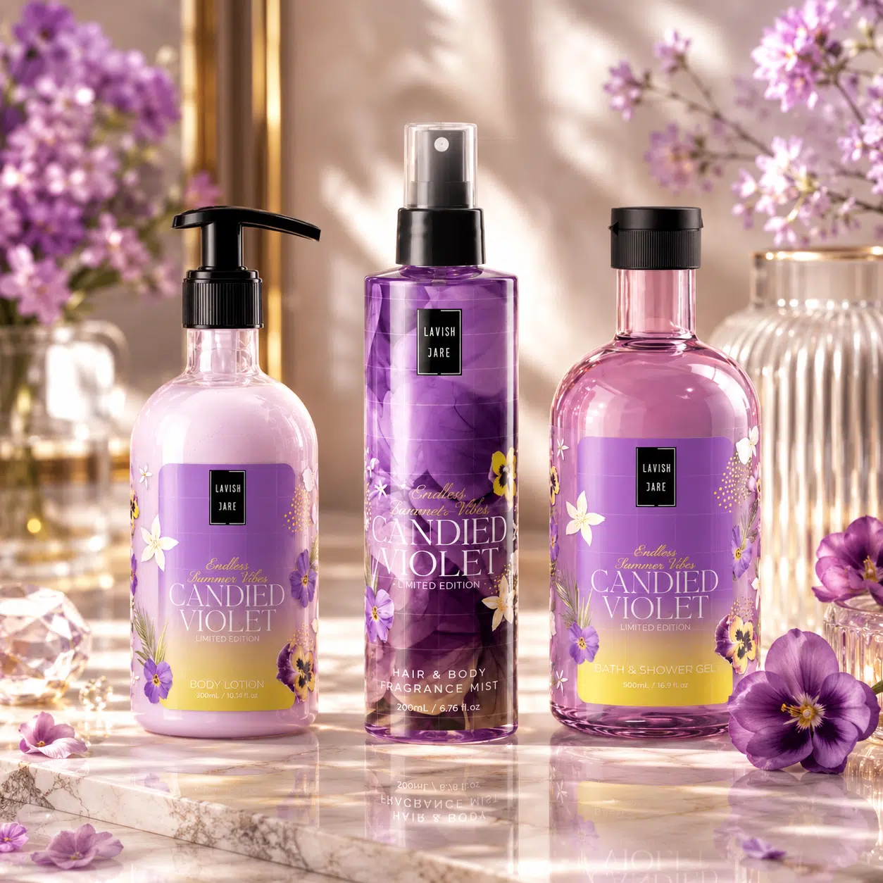 Lavish Care Candied Violet Set – Комплект от Лосион, Душ Гел и Парфюмен Спрей за Коса и Тяло Бонбонена Виолетка, 3 Продукта