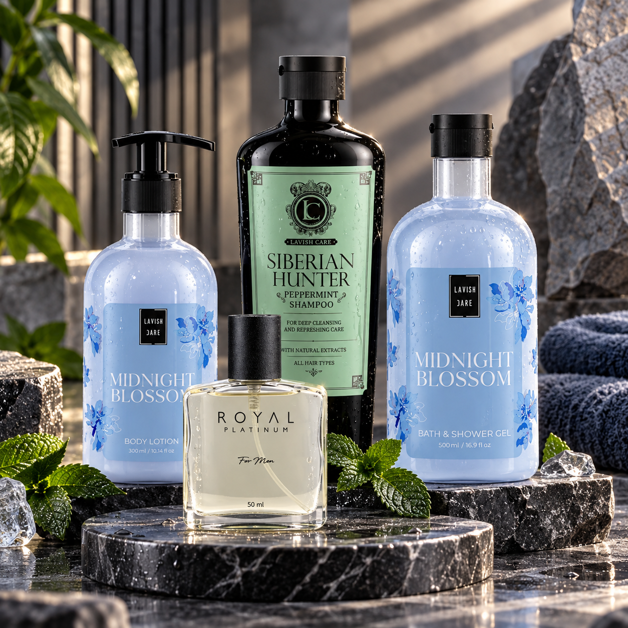 Lavish Care Men Set – Ежедневен шампоан, душ гел, лосион за тяло + парфюм Royal Platinum по избор | Сет от 4 продукта
